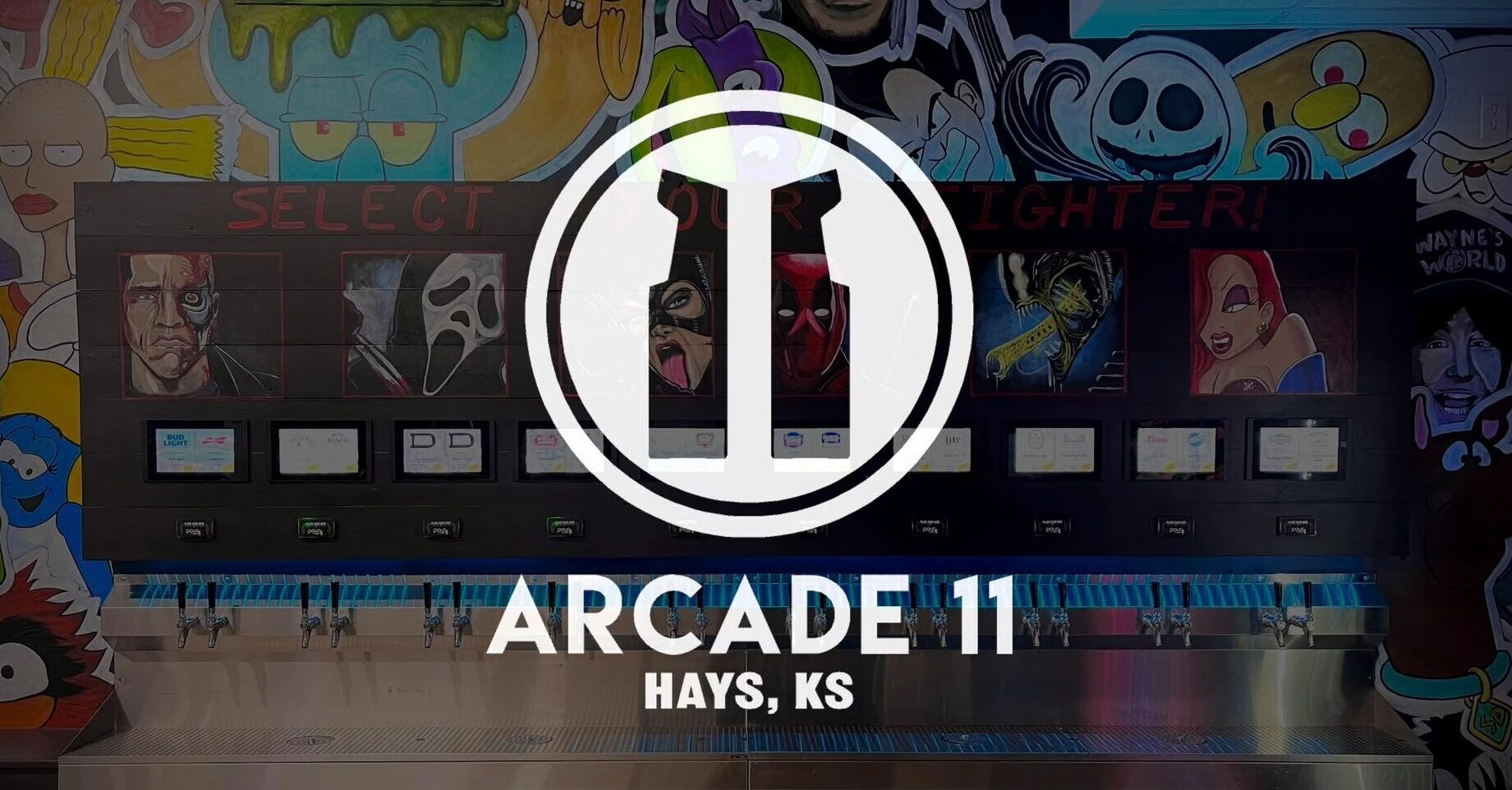 Arcade 11’s original cover: colorful character artwork surrounding the beer wall, with the Arcade 11 logo